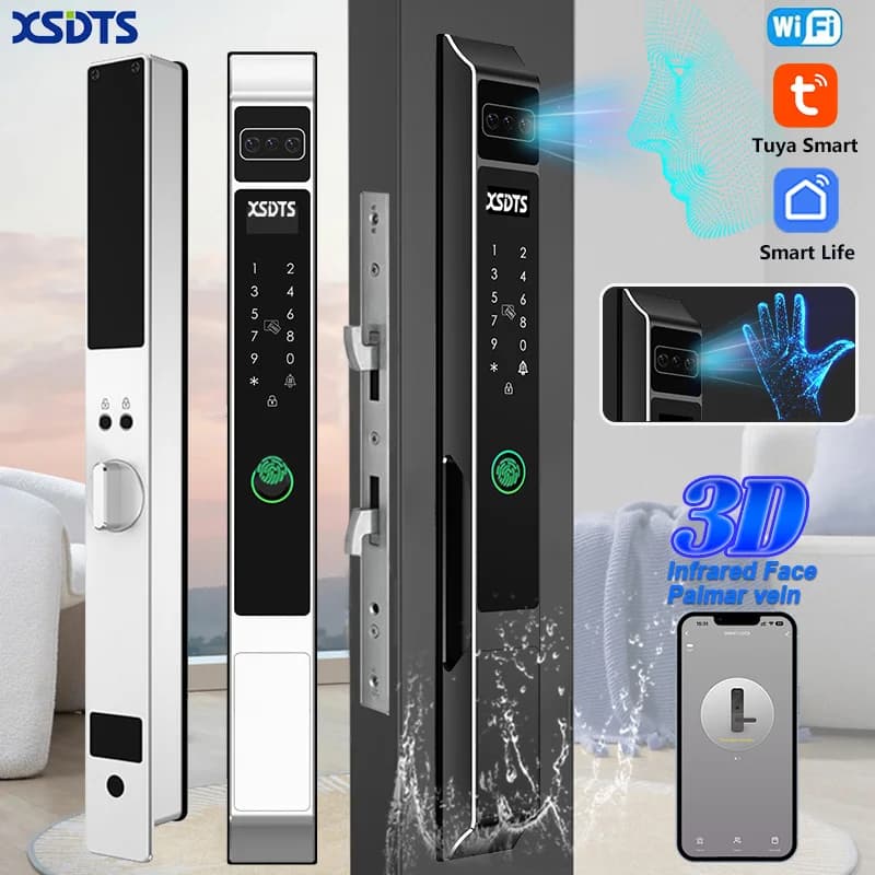 3D Face Palm Vein Tuya WiFi Serratura elettronica intelligente per porta Password Chiave Impronta digitale Porta scorrevole in vetro di alluminio impermeabile per esterni