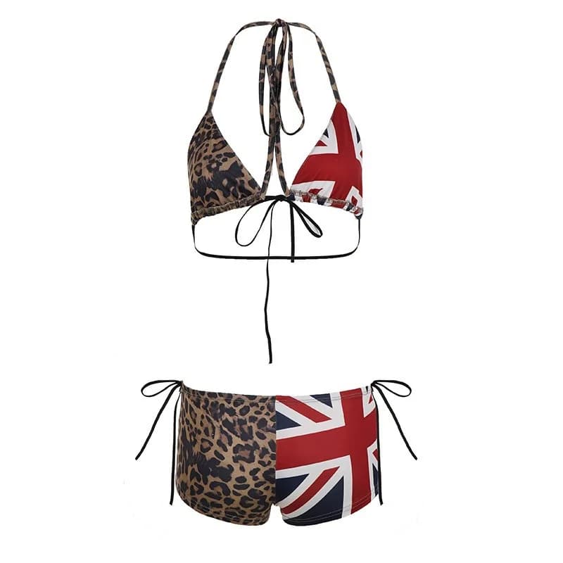 Set Bikini Harajuku per Vacanze al Mare, Stile Americano Estivo Sexy, Moda Casual con Stampa Leopardata e Bandiera, Due Pezzi Divisi
