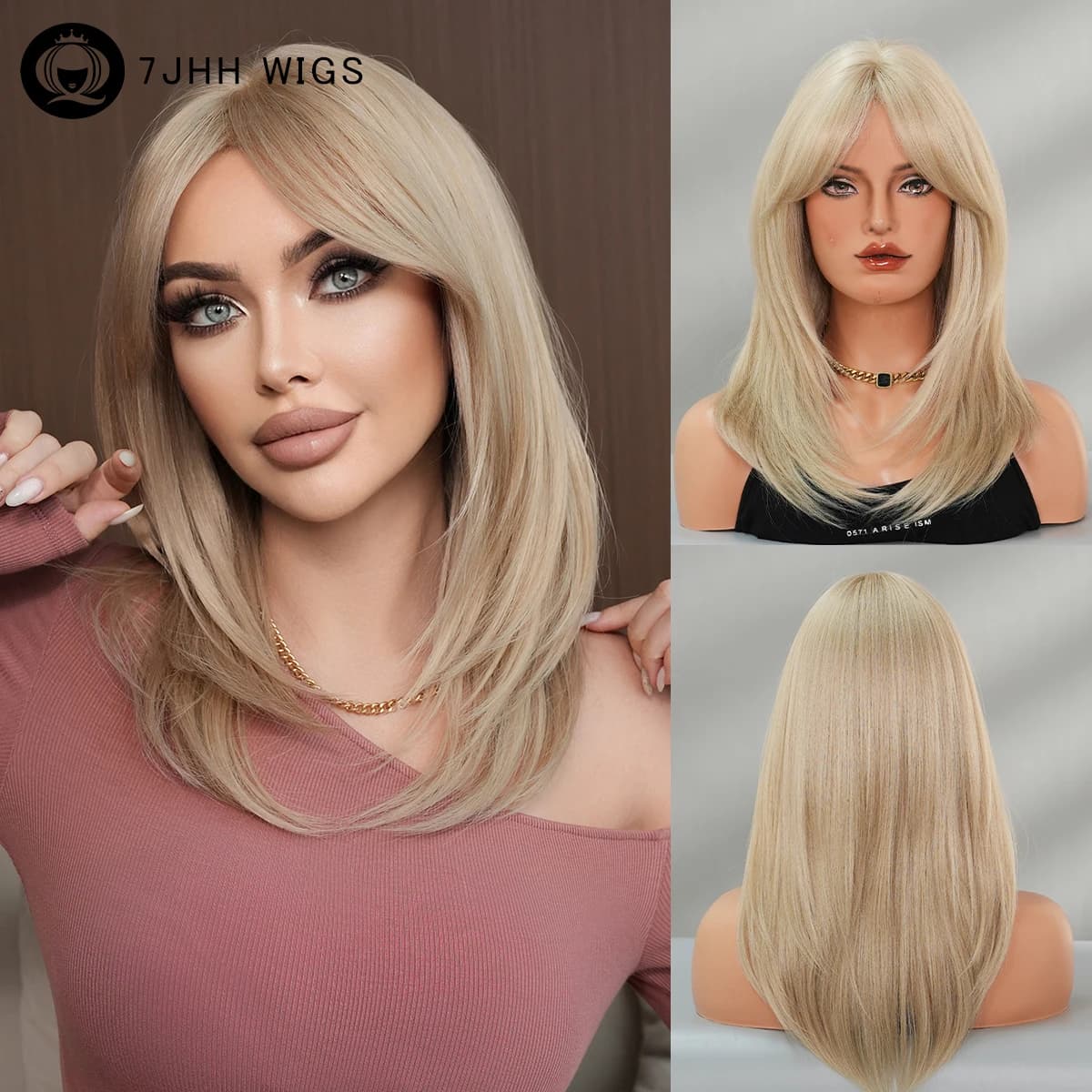 Parrucche 7JHH: Parrucca Sintetica Dorata Champagne Lunga fino alle Spalle per Donna, Modesta ed Elegante, con Frangia a Cascata e Parte Centrale