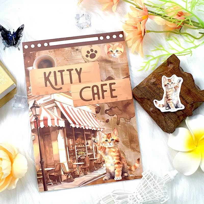 20 Sheet Coffee Cat Paper Stickers Pre-Tagliato Opaco PET Paper Deco Sticker For Scrapbooking Official Brush Planner Aesthetic Chancellery