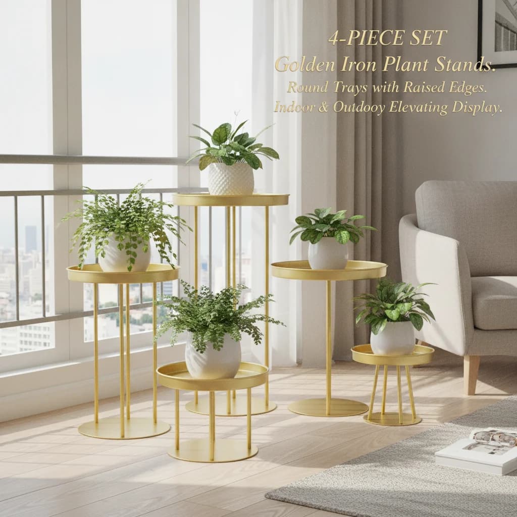 4-Piece Gold Metal Flower Stand Set, Round Plant Holder for Potted Plants, 2 Sizes (12x10in & 8x6in), Heavy Duty Iron Display Stand for Indoor Outdoor Home Garden