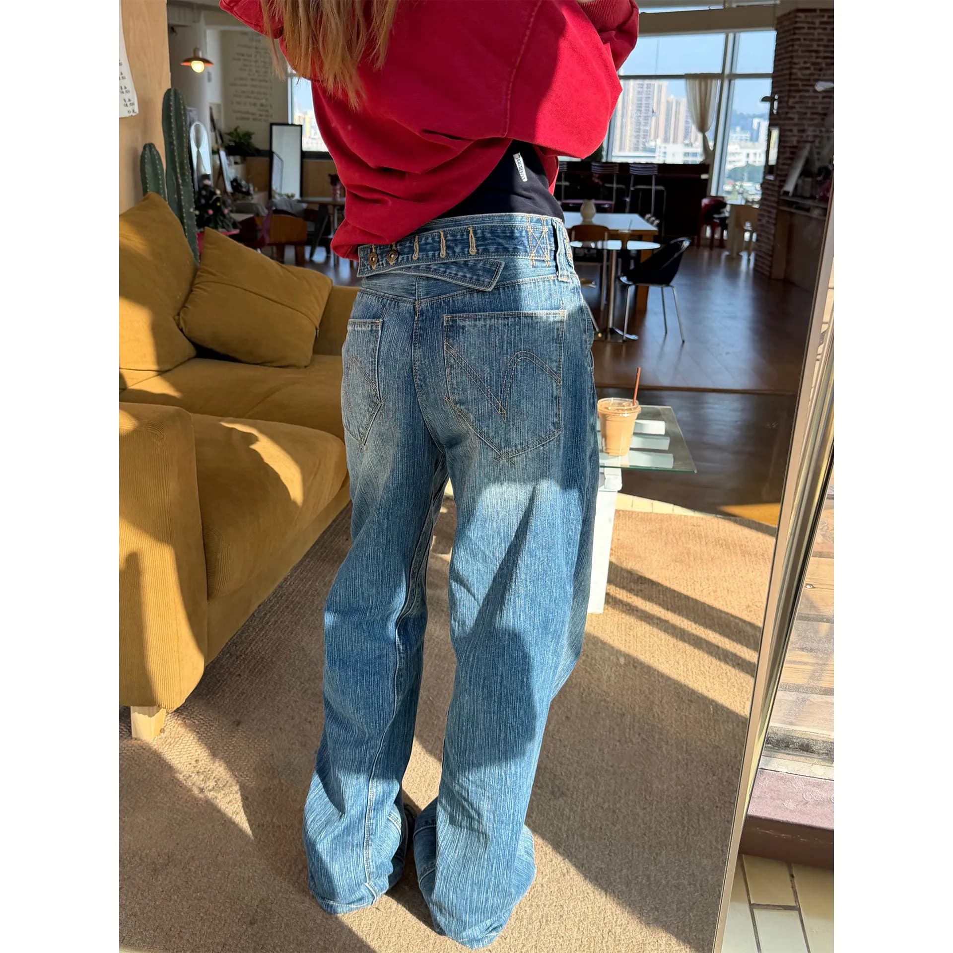 Jeans Design Bamboo, Pantaloni da Donna Lavati a Gamba Dritta, Larghi e Versatili