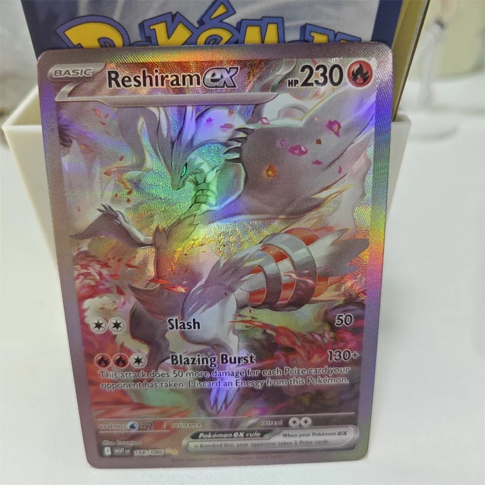 Carte TCG Zekrom Ex Reshiram Blazing Burst 166/086 Slash, Accessori per Giochi Fai-da-Te, Collezione di Carte da Gioco con Effetto Laser