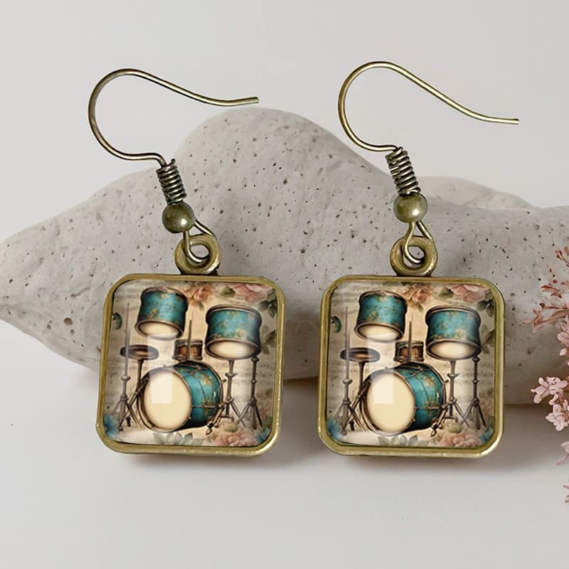 2025 New Vintage Drum Set Square Earring Retro Glass Dangle Earrings Handmade Jewelry Gift