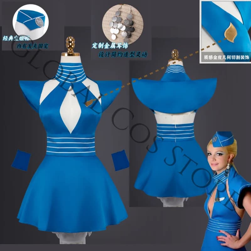 Costume da Hostess di Volo Britney Blue, Sexy Uniforme da Film per Travestimenti di Halloween, Giochi di Ruolo e Spettacoli Teatrali