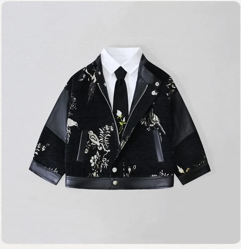 Gentleman Kids Ricamo Giacca da motociclista in pelle Pu Ragazzi Cappotto antivento impermeabile Bambini Natale Capodanno Abbigliamento fotografico