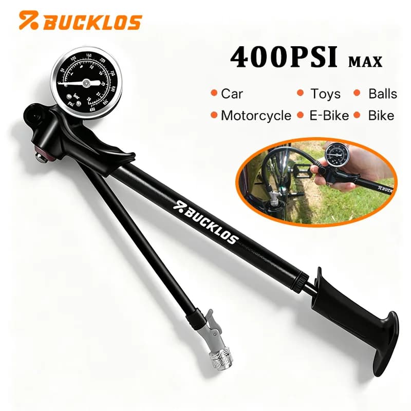 BUCKLOS Bicycle Air Fork Pump 400psi 300psi Bicycle High-Pressure Air Pump Schrader Valve MTB Barometer Rotatable Hose Inflator