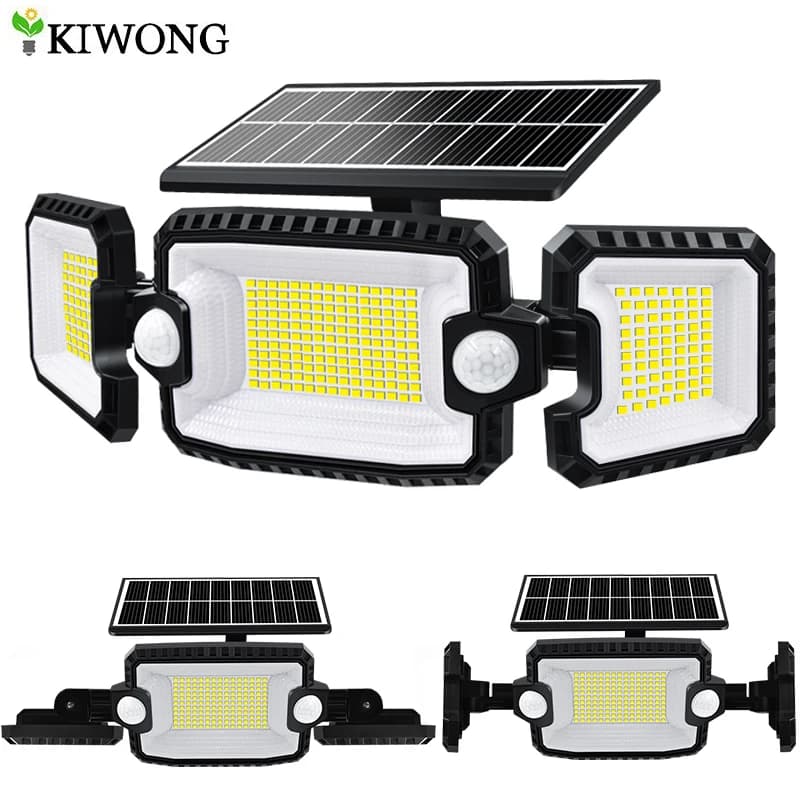 Luci solari di sicurezza per esterni 167 LED regolabili 3 teste con 3 modalità Sensore di movimento wireless Luci di inondazione spot super impermeabili