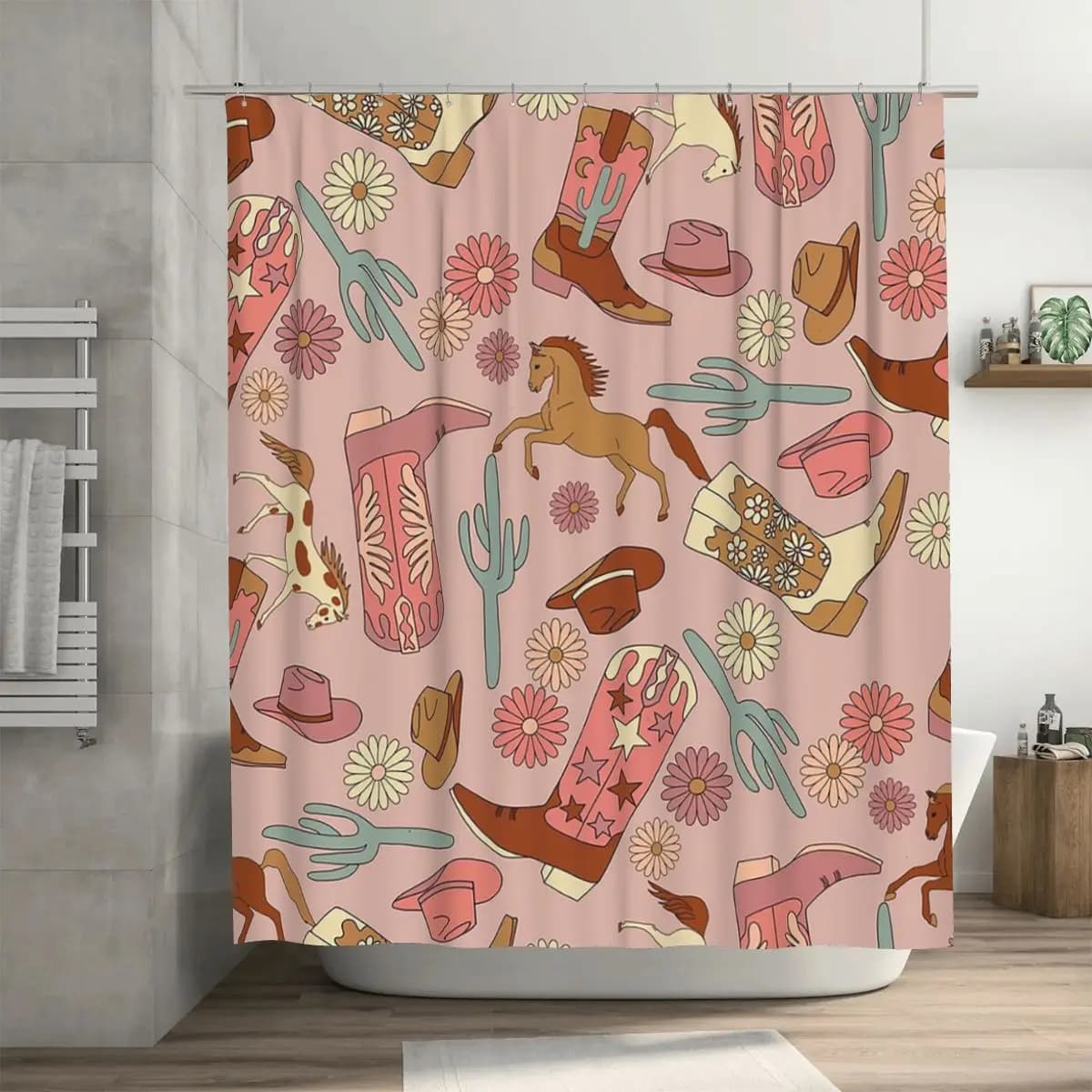 Tenda da Doccia con Motivo Western Cowgirl Carino e Boho, in Poliestere Impermeabile con Ganci