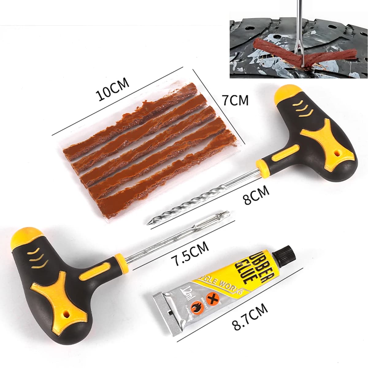 Kit di strumenti per la riparazione di pneumatici per auto Set di riparazione per forature di pneumatici tubeless con colla per pneumatici per bici e moto - Kit di strumenti per la riparazione di pneumatici sottovuoto