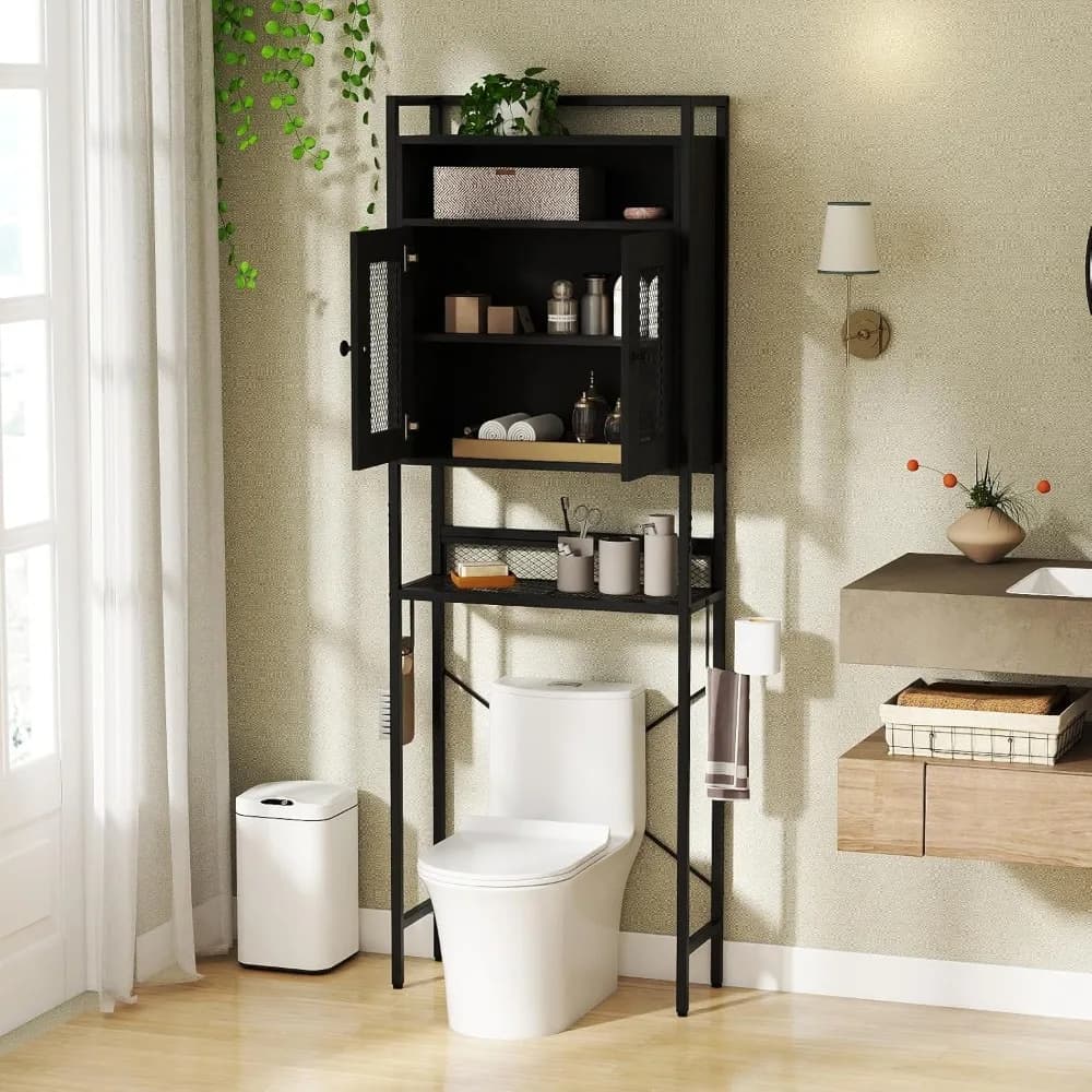 Mobiletto salvaspazio sopra il WC, a 5 ripiani, con 2 ante in rete, supporto in metallo, porta carta igienica e gancio, reesta