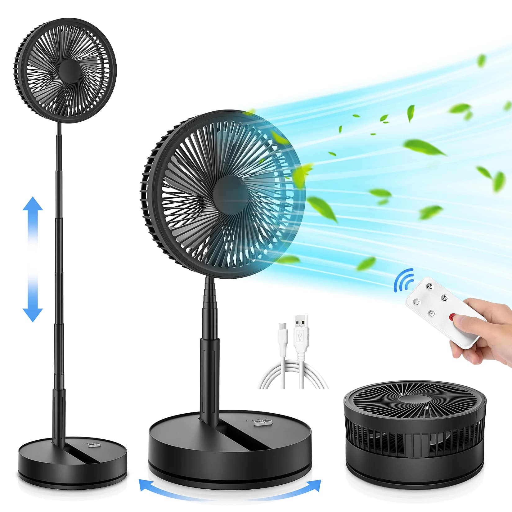 Ventilatore Portatile Pieghevole Ricaricabile con Batteria da 7200mAh, Ventilatore USB-C Compatto con Telecomando, Ventilatore da Tavolo e da Scrivania, Ventilatore a Piantana Pieghevole
