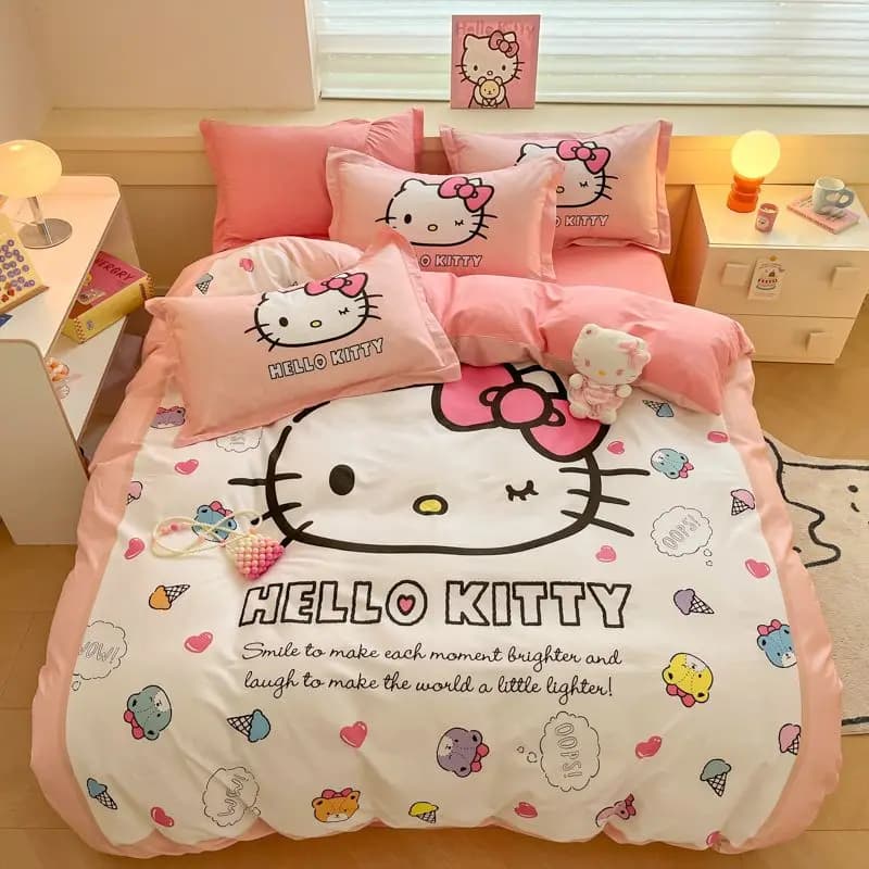 Set di lenzuolo in cotone 100% autentico Sanrio Hello Kitty, set di quattro pezzi, copripiumino per bambini, federa, set da 3 pezzi
