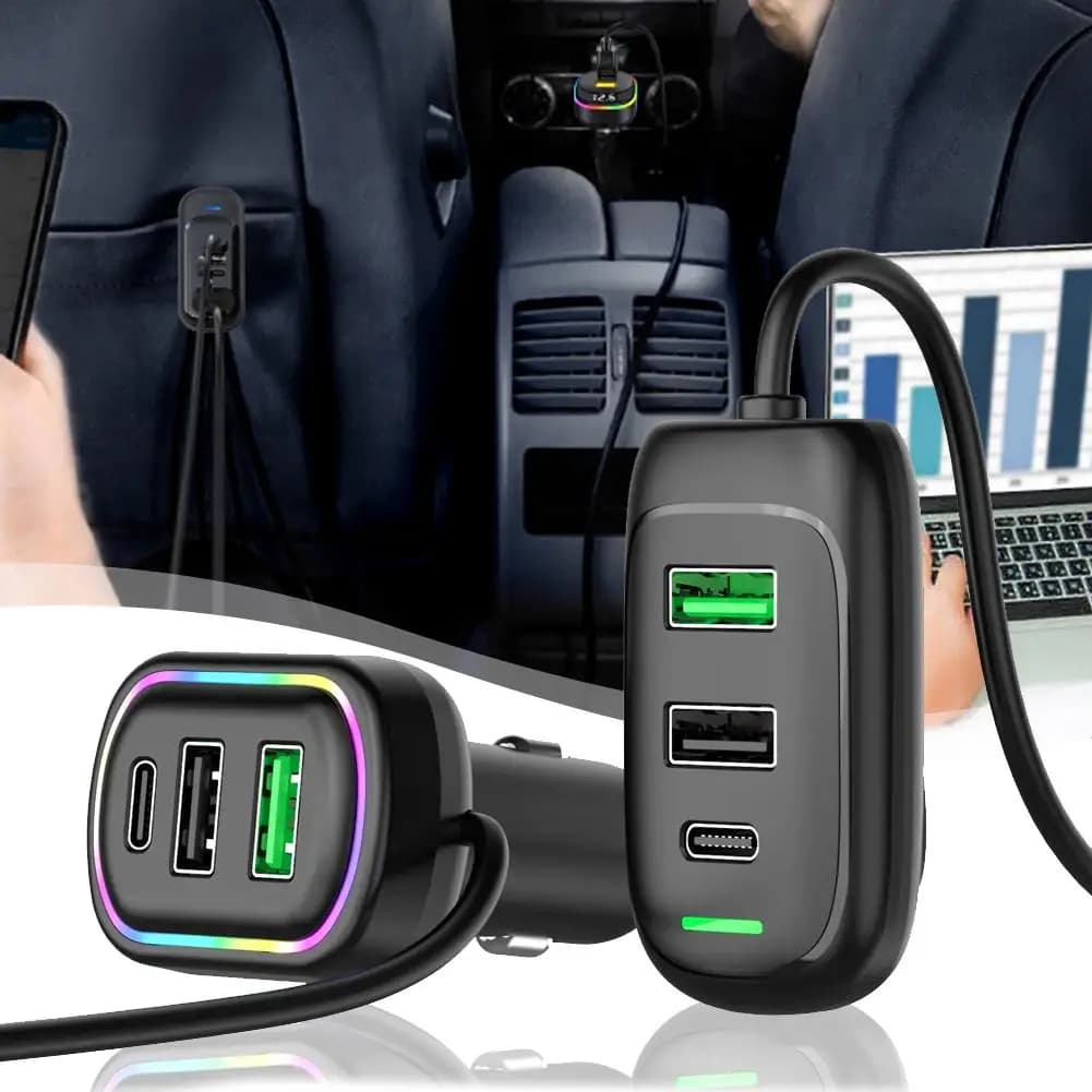Caricabatteria da auto con estensione anteriore e posteriore USB tipo C a 6 porte con adattatore di alimentazione a ricarica rapida PD con luce RGB per laptop
