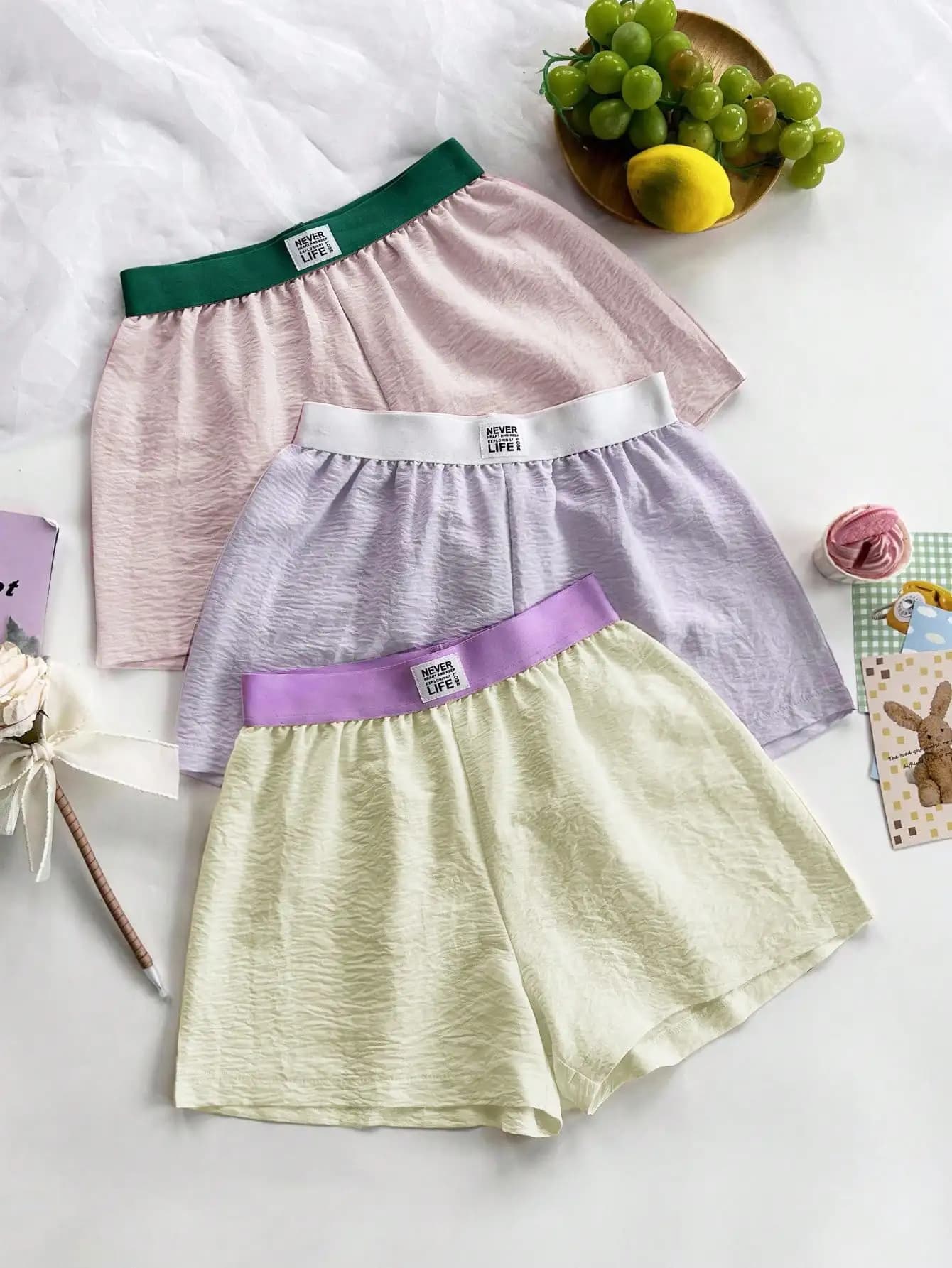 Set di 3 pantaloncini da notte da donna con cintura a contrasto, set di abbigliamento morbido per casa e notte