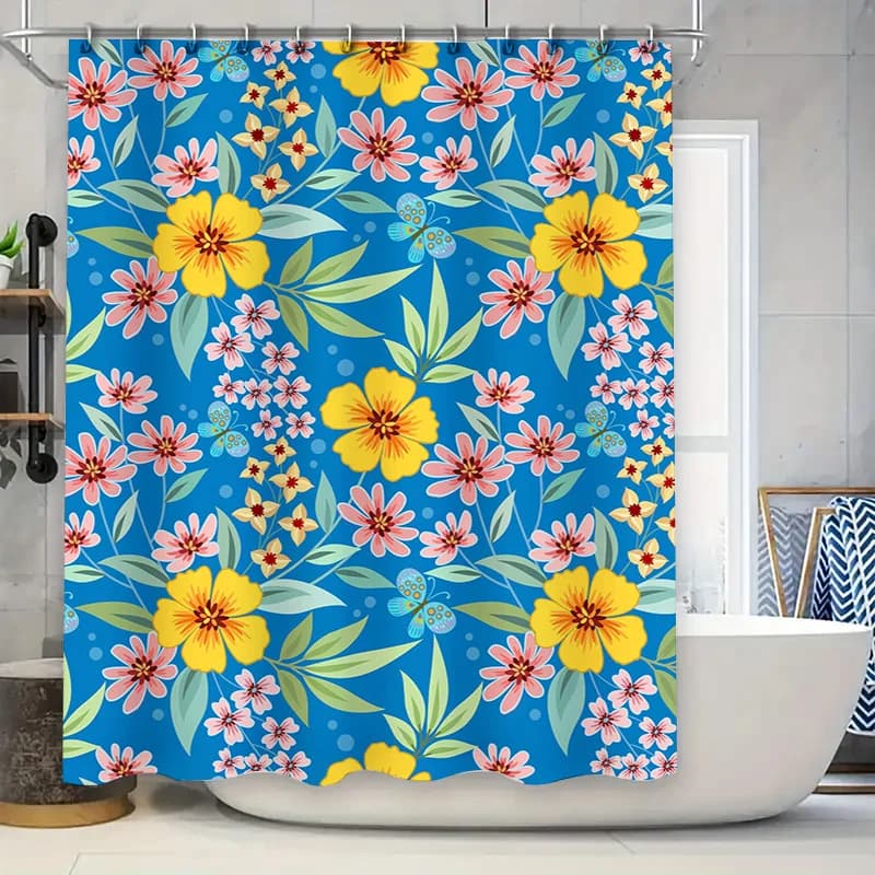Tenda da doccia floreale blu brillante Farfalle gialle rosa Decorazioni per il bagno Tappeto da bagno in tessuto impermeabile Decorazione per la casa (One S