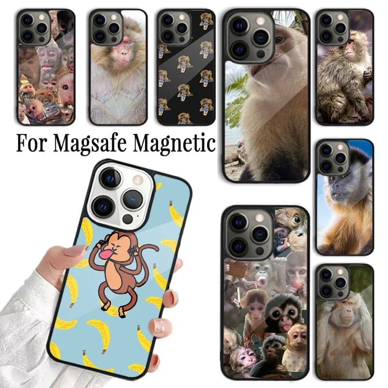 Cover per iPhone con meme scimmia che beve, compatibile con iPhone 17 AIR 16 15 14 13 12 11 Pro Max Plus, custodia magnetica wireless Magsafe