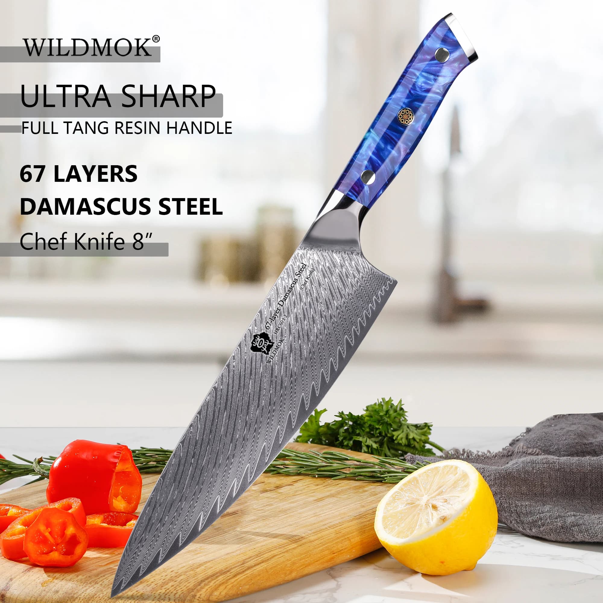 Coltelli da cucina WILDMOK 67 strati Damasco VG10 in acciaio ad alto tenore di carbonio - Coltello da cuoco da 8 pollici con manico in resina blu