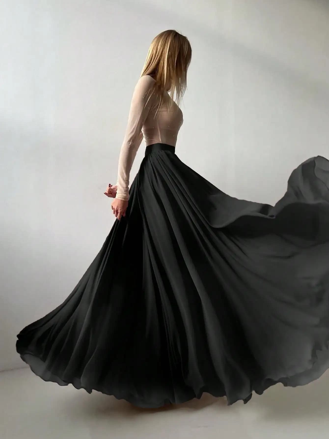 Women's Elegant Solid Black Mesh Chiffon Pleated Summer Flowy Maxi Dress Suitable For Music Festivals Young Girls' Everyday Wear