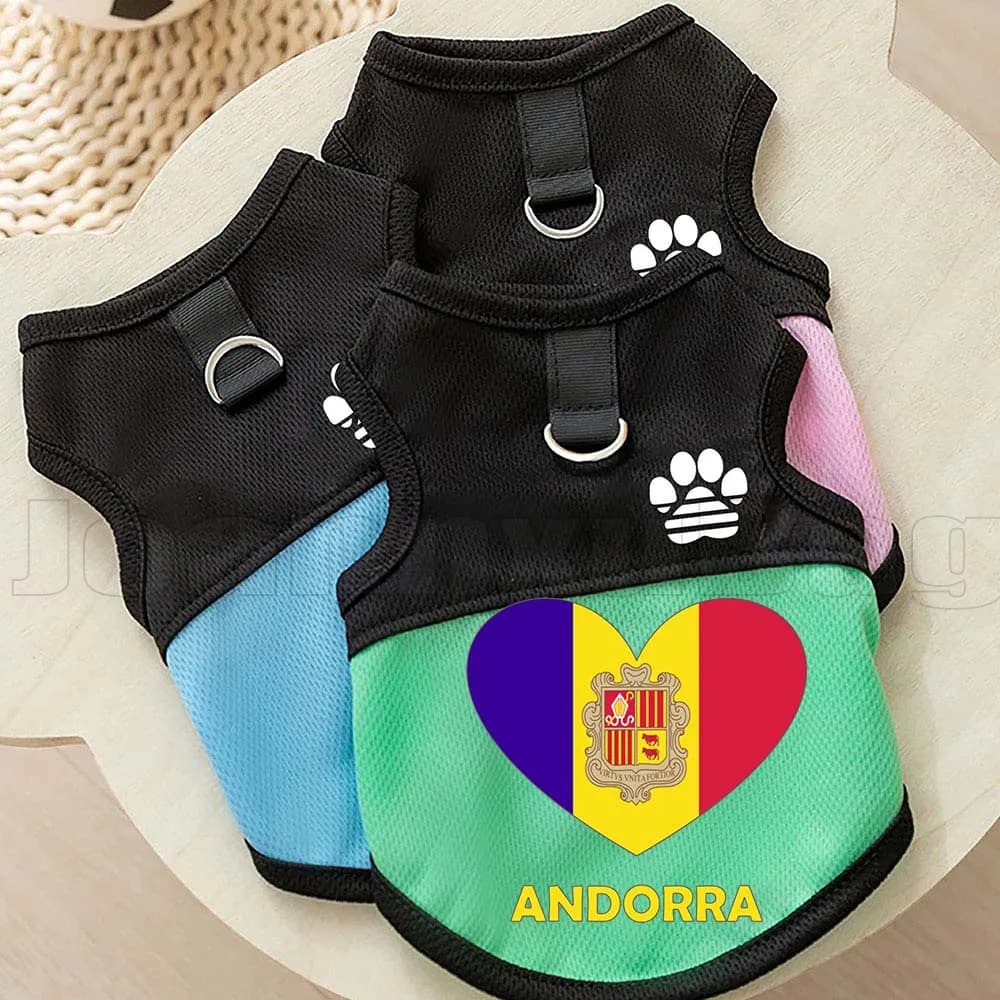 Pettorina a rete per cani e gatti con bandiera a cuore dell'Andorra, abbigliamento estivo da esterno per cuccioli e gattini, gilet per cani con anello a D per guinzaglio
