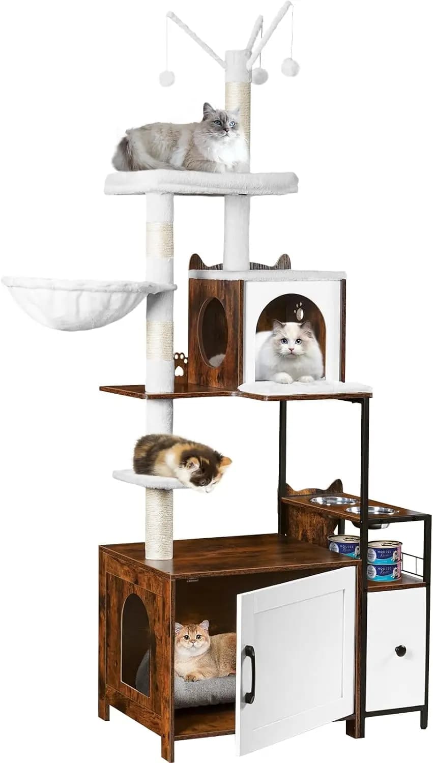 Cat Tree with Litter Box Enclosure, 3-in-1 Modern Cat Tower for Indoor Cats, 67.32’’ Hidden Litter Box Furniture with Condo, Foo