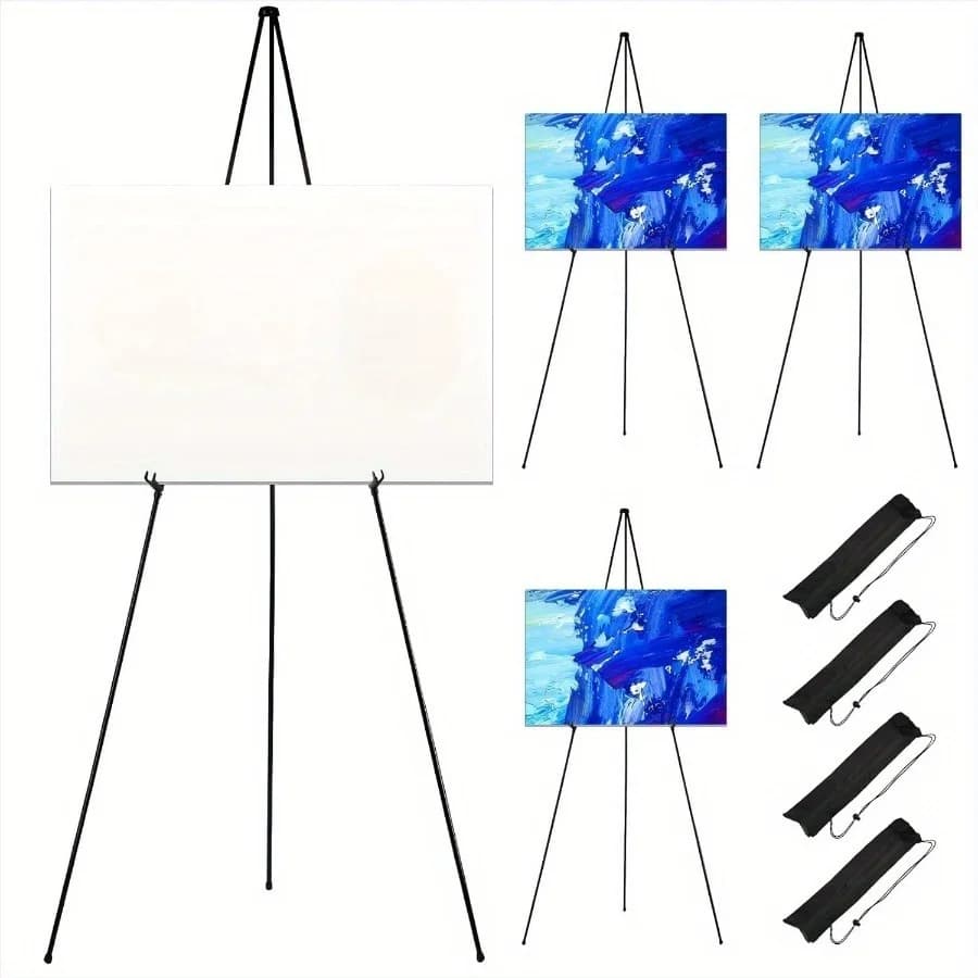 4 Pack Easel Stand for Display with Bag, Lightweight Black Metal Painting Easel, Portable Adjustable Poster Stands, Floor Tripod Collapsible Display Easel