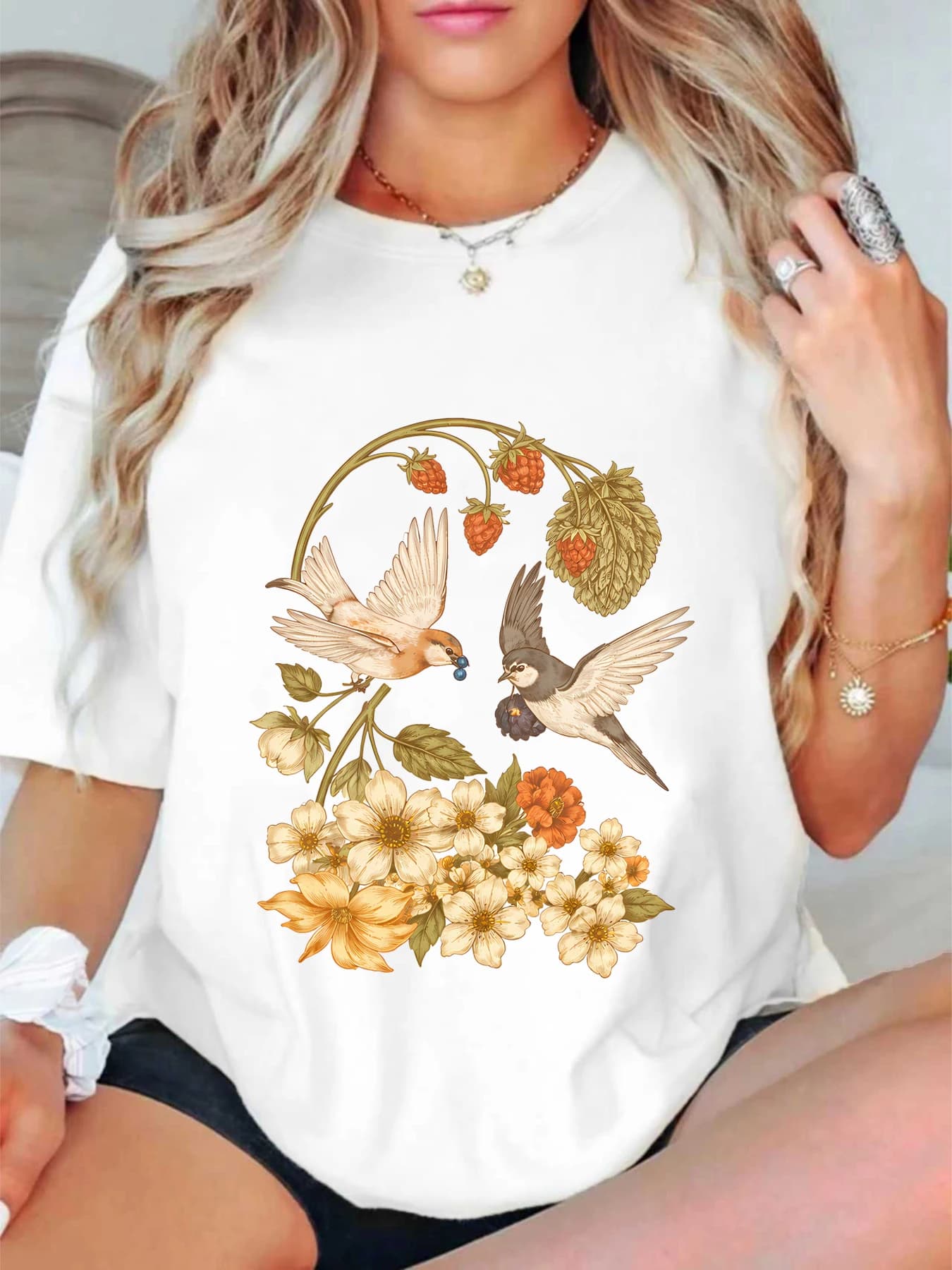 【ZXH11444】Two birds singing, printed plus size women's round neck summer casual short sleeved street fashion versatile T-shirt