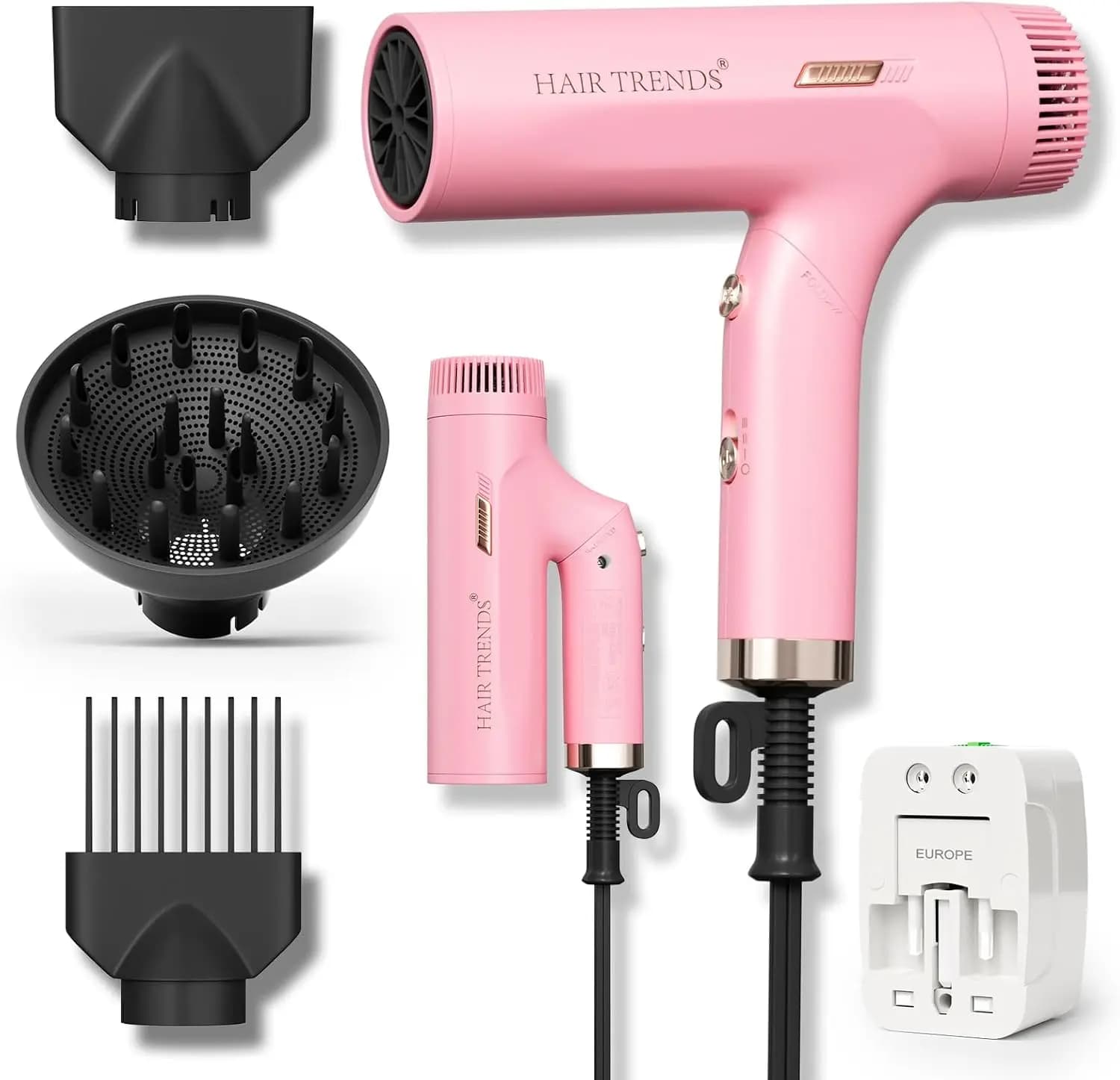 Travel Hair Dryer 1200W Dual Voltage, Lightweight Foldable with Diffuser for Women, Pink