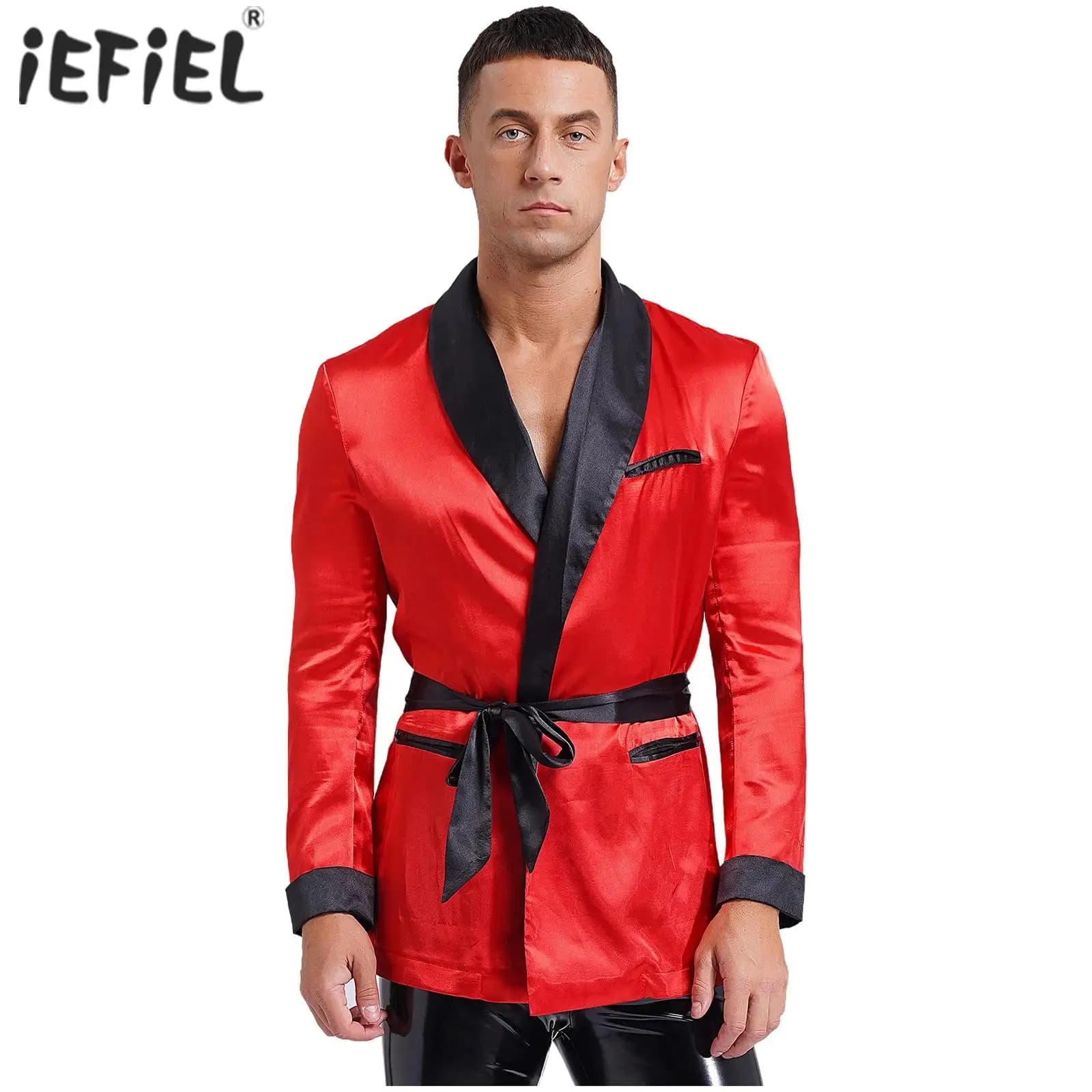Giacca da notte da uomo Accappatoio con cintura Pigiama Top Risvolto Manica lunga Tasche laterali Camicia in raso Kimono Accappatoio Abbigliamento da notte Pigiama