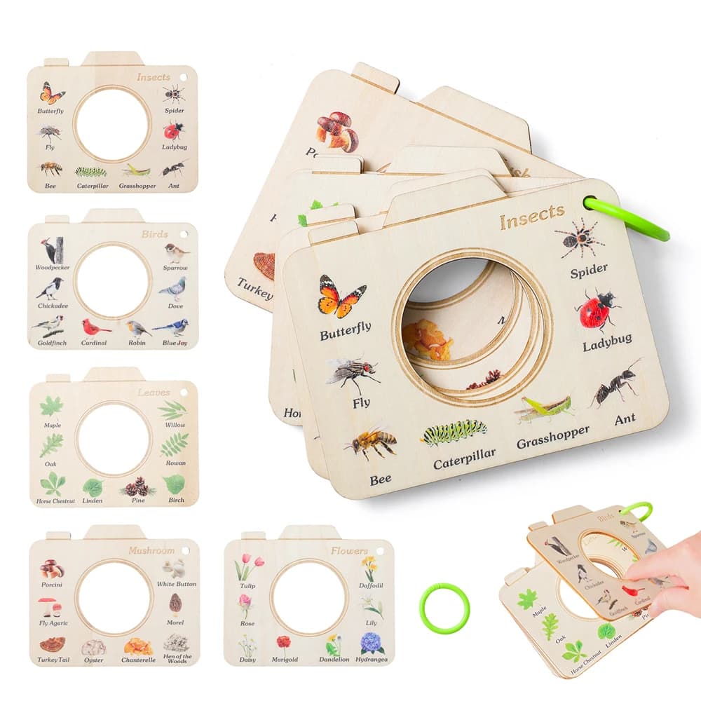 Wooden Camera Shape Nature Cognitive Book for Kids Portable Outdoor Learning Toy 5 Themes Insects Birds Flowers STEM Observation