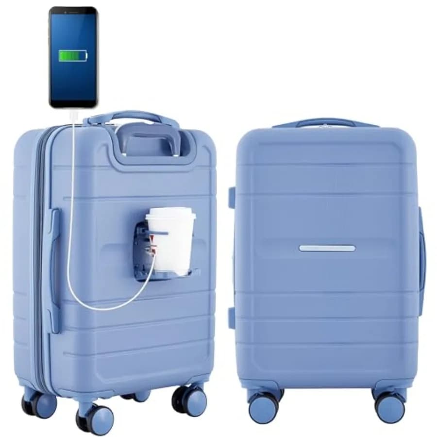 Valigia da cabina French Connection St. Martin con portabicchieri e porte USB in blu tempestoso per viaggi, in policarbonato resistente