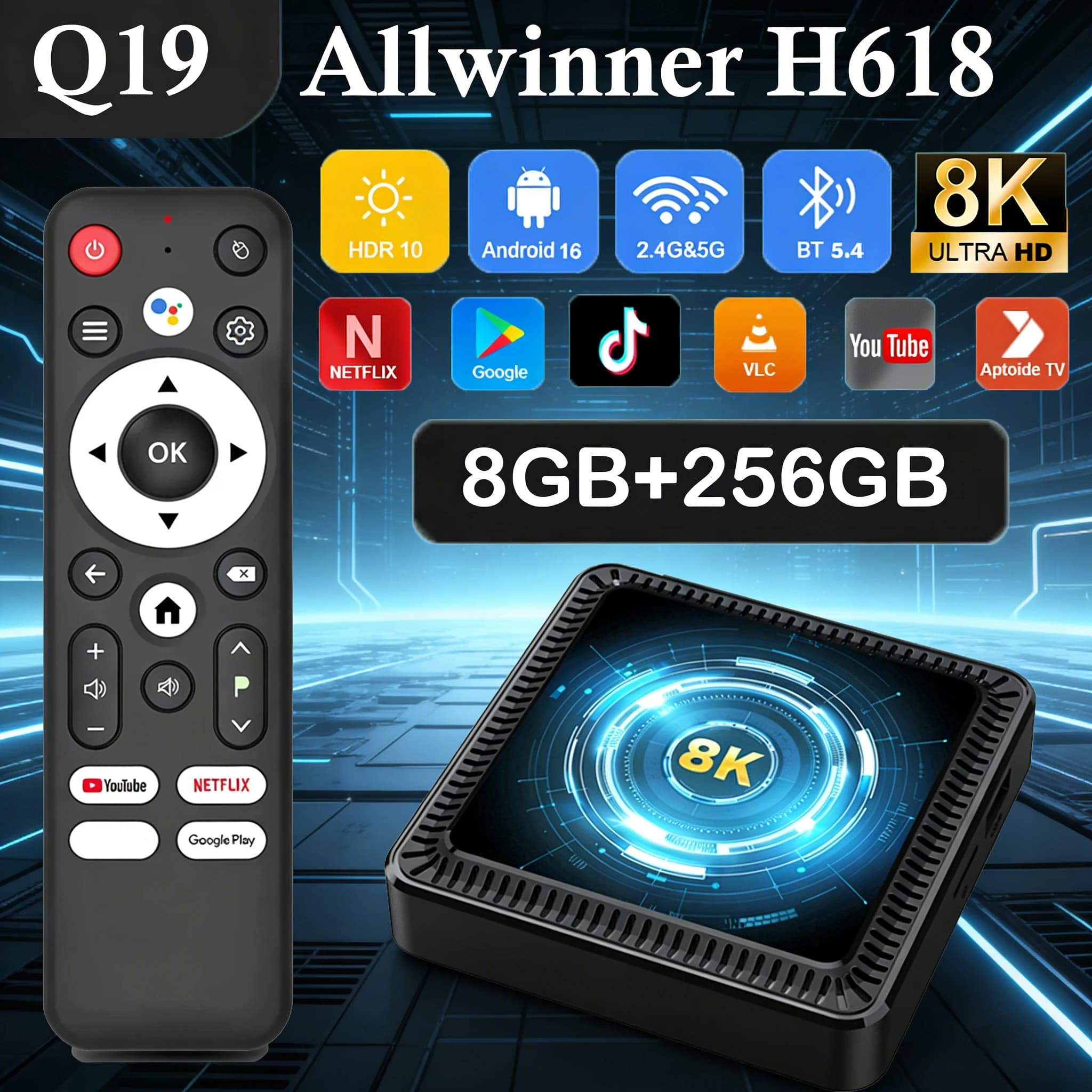 Box TV Android 16 Smart 8GB+256GB Allwinner H618 Q19 con Assistente Google, Video 8K, Bluetooth 5.4, Lettore Multimediale Ultra Veloce