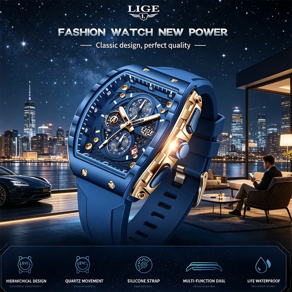 Orologio da uomo militare LIGE, orologio sportivo di lusso originale con calendario, orologio al quarzo impermeabile, cronografo da uomo con cinturino in silicone + scatola