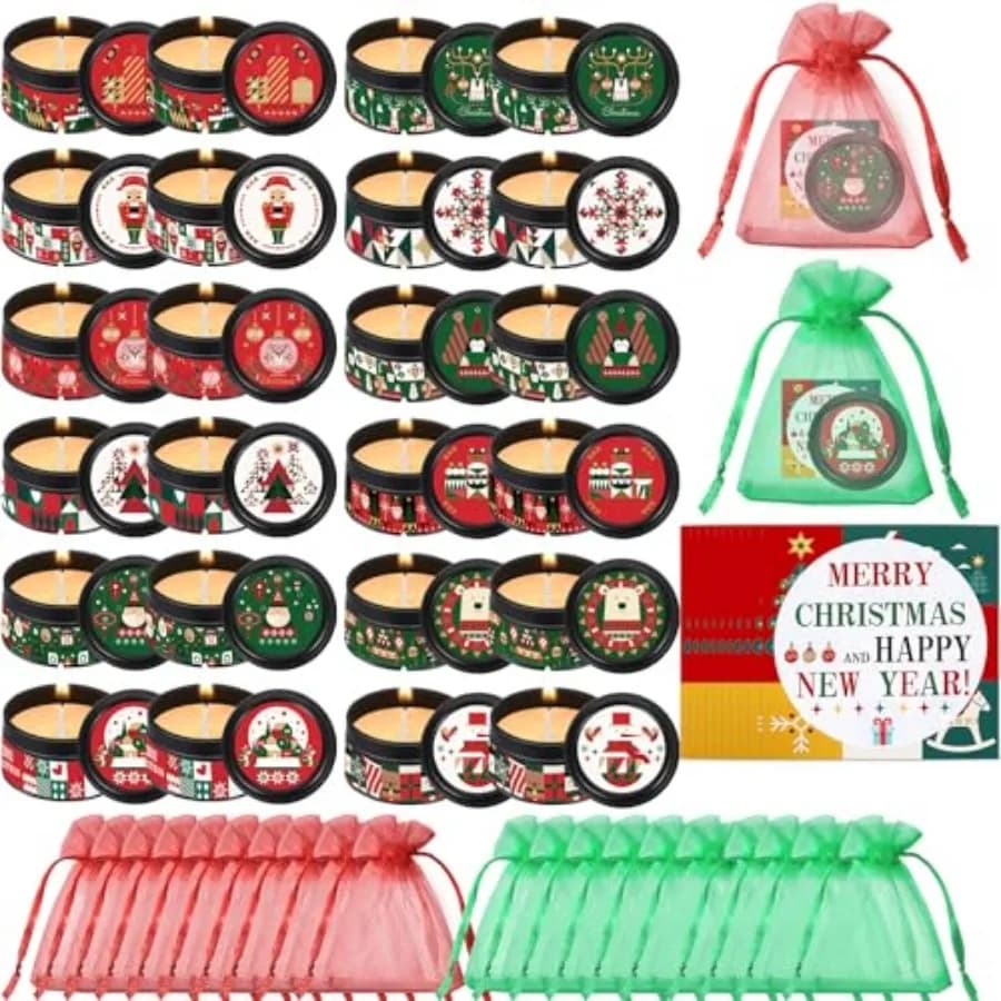 24 Set di Candele Profumate in Cera di Soia per Natale, Candele Aromaterapiche con Sacchetto in Organza e Biglietti, Confezione Bulk, Candele Portatili in Latta da Viaggio