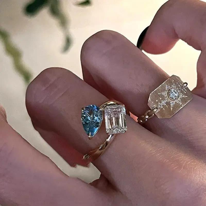 Fresh Classic Sea Blue Gemstone Water Drop Rings for Women Fashion Light Luxury Square Ring Opening Adjustable Wedding Jewelry