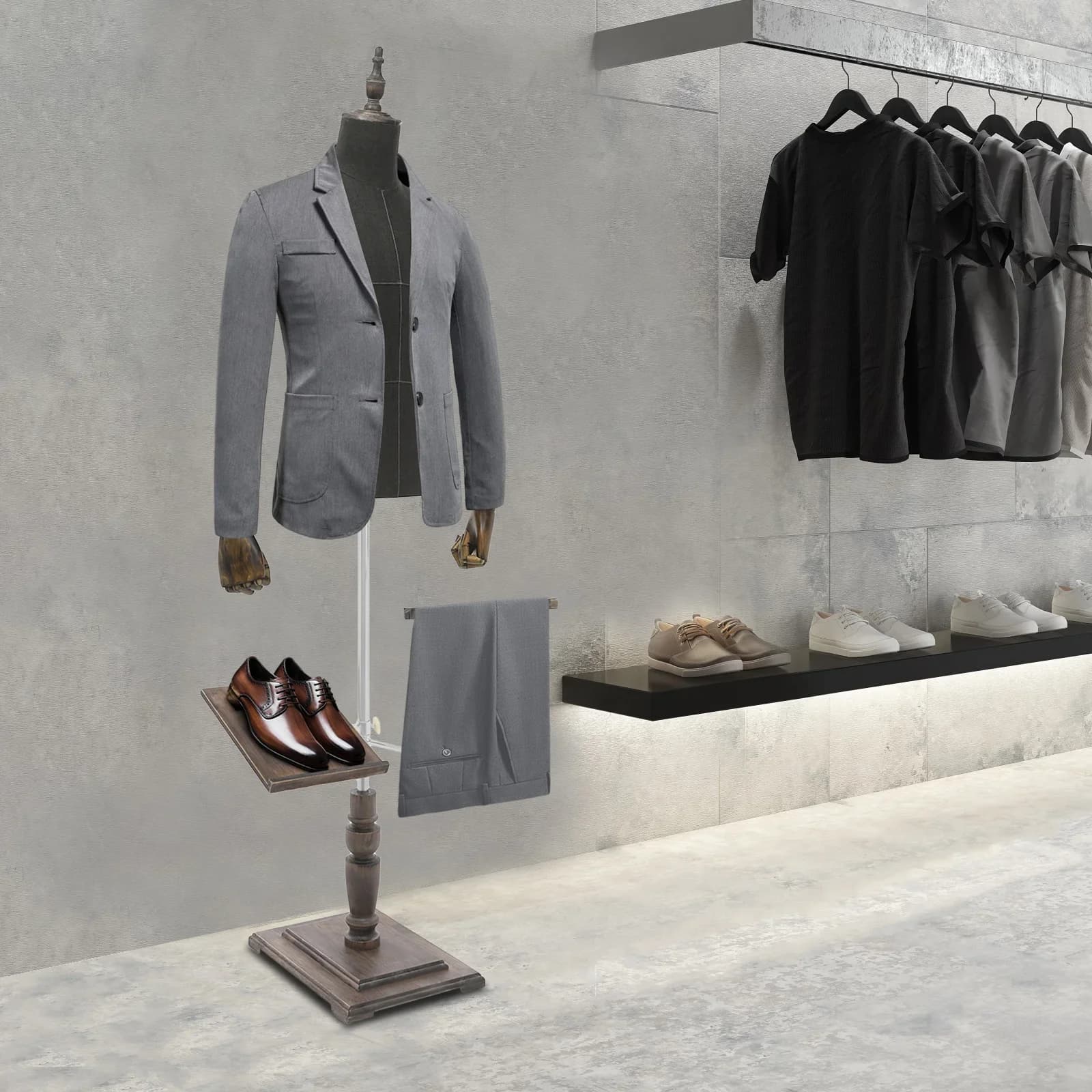 Manichino Torso Maschile 53"-71" con Supporto in Legno Massiccio, Portascarpe Rimovibile e Portapantaloni NUOVO