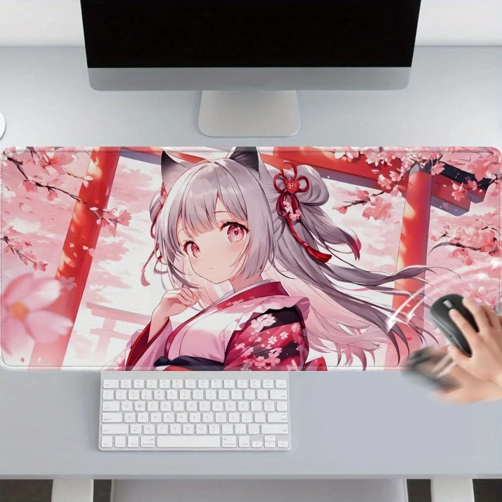 Gaming Mouse Pad, Large Desk Mat, Anti-slip, Stitched Edges, Cherry Blossom Cat Girl Print, Keyboard Pad for Gaming & Home Use