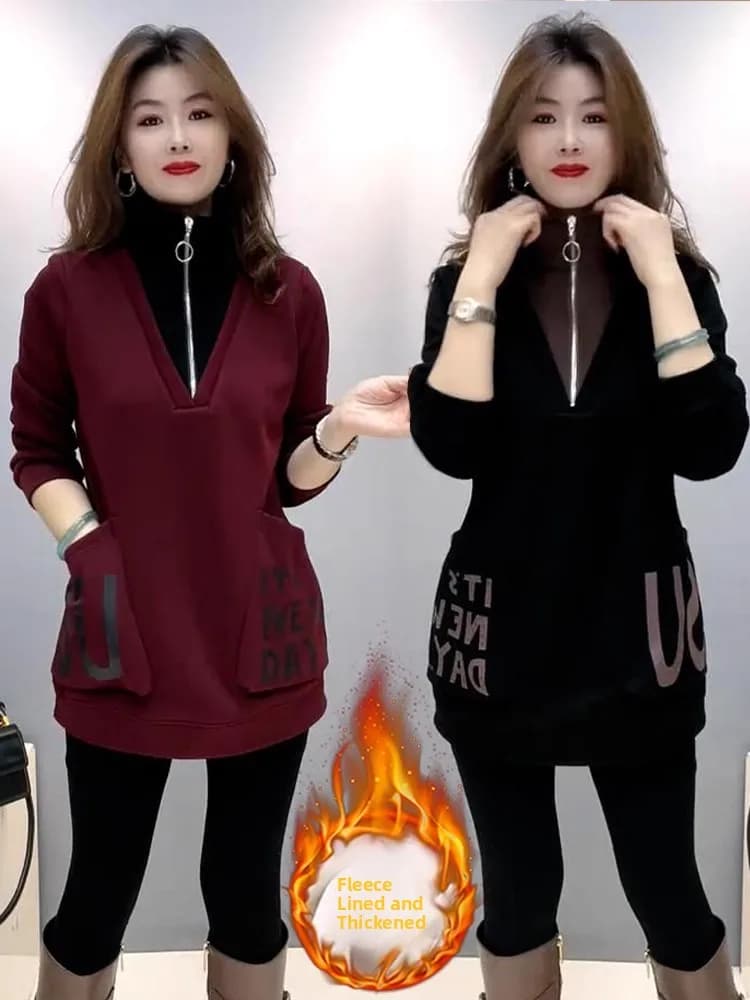 Winter New Loose Fit Hoodie Women's Long Sleeve Fleece Lined Half Zip Thick Warm Bottom Covering Clothing Korean Style
