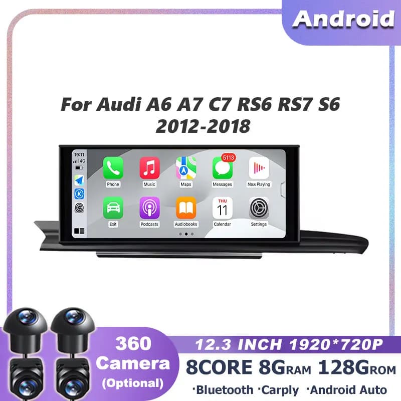 12.3 pollici Per Audi A6 A7 C7 RS6 RS7 S6 2012-2018 Lettore Android 14 Autoradio Multimediale Stereo Carplay Auto GPS di Navigazione BT