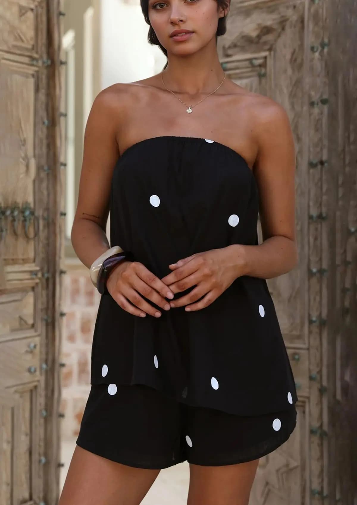 Polka Dot Two-Piece Set: Bustier Sleeveless Top High-Waisted Wide-Leg Shorts Y2K Flirty Style Summer Beach Vacation Casual Set