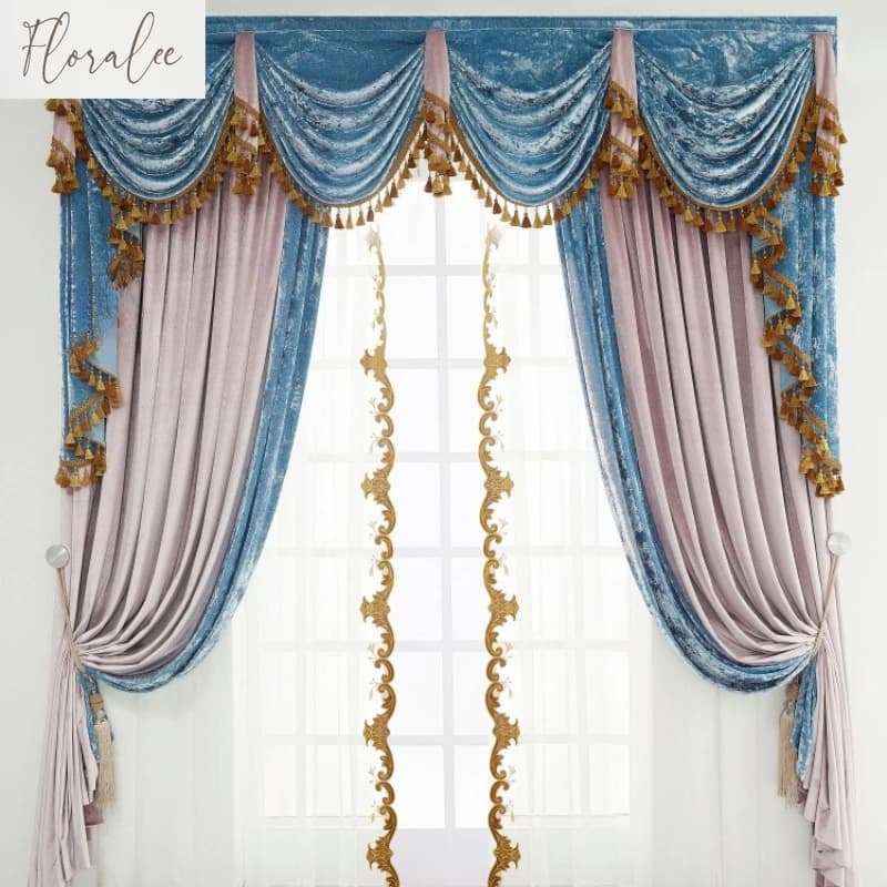 Blue Gray Velvet Draping Curtains for French Bedroom Luxury European Style Velvet Fabric for Mansion or Villa Living Room Custom