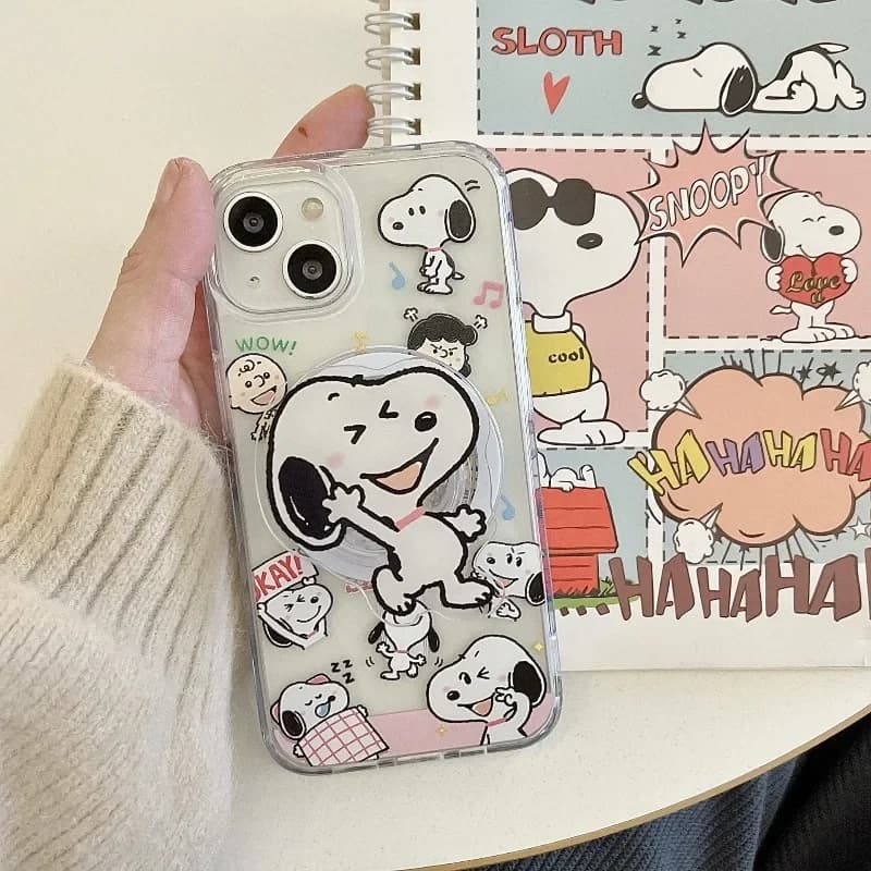 Snoopys Cartoon Magnetic Airbag Phone Holder Multi-function Lazy Foldable Finger Stand Anti-drop Portable Mobile Phone Back