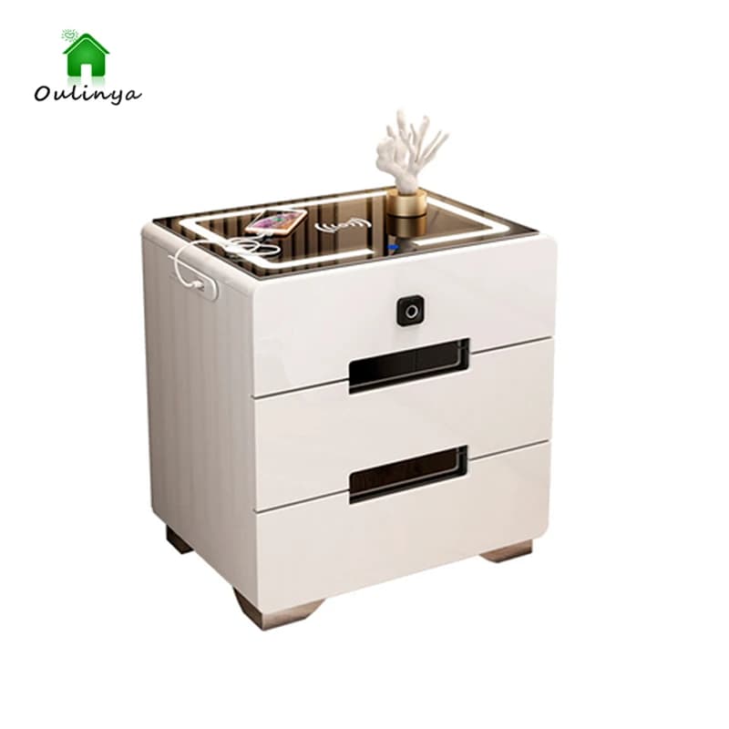 Smart Multi-Function Bedside Table Wireless Bluetooth Speaker Fingerprint Lock Projection Bracket LED Light Bedroom Nightstand