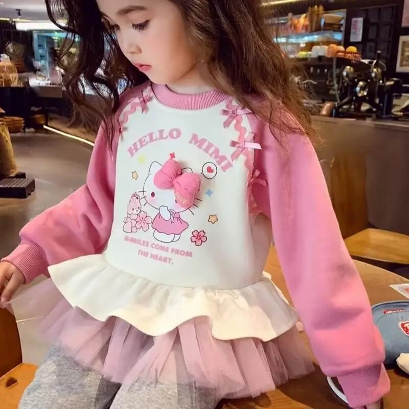 Hello Kitty Sanrio Per Bambini 2025 Ragazze Autunno e Inverno Nuovo Casual Top a Maniche Lunghe T-Shirt Bambola con Cappuccio con Velluto per Ragazze