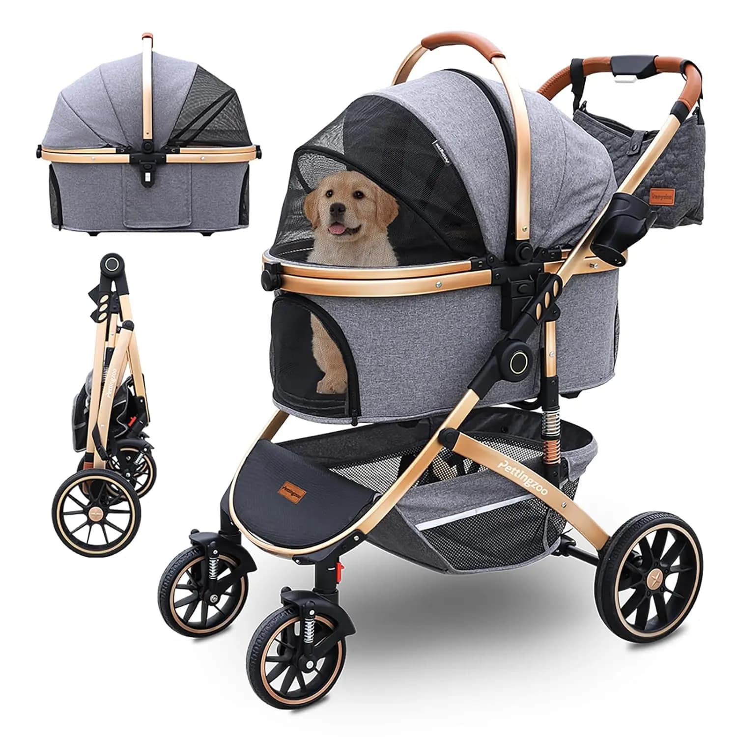 Passeggino pieghevole 3 in 1 per cani e gatti fino a 27 kg, con cestello portaoggetti rimovibile e portabicchieri
