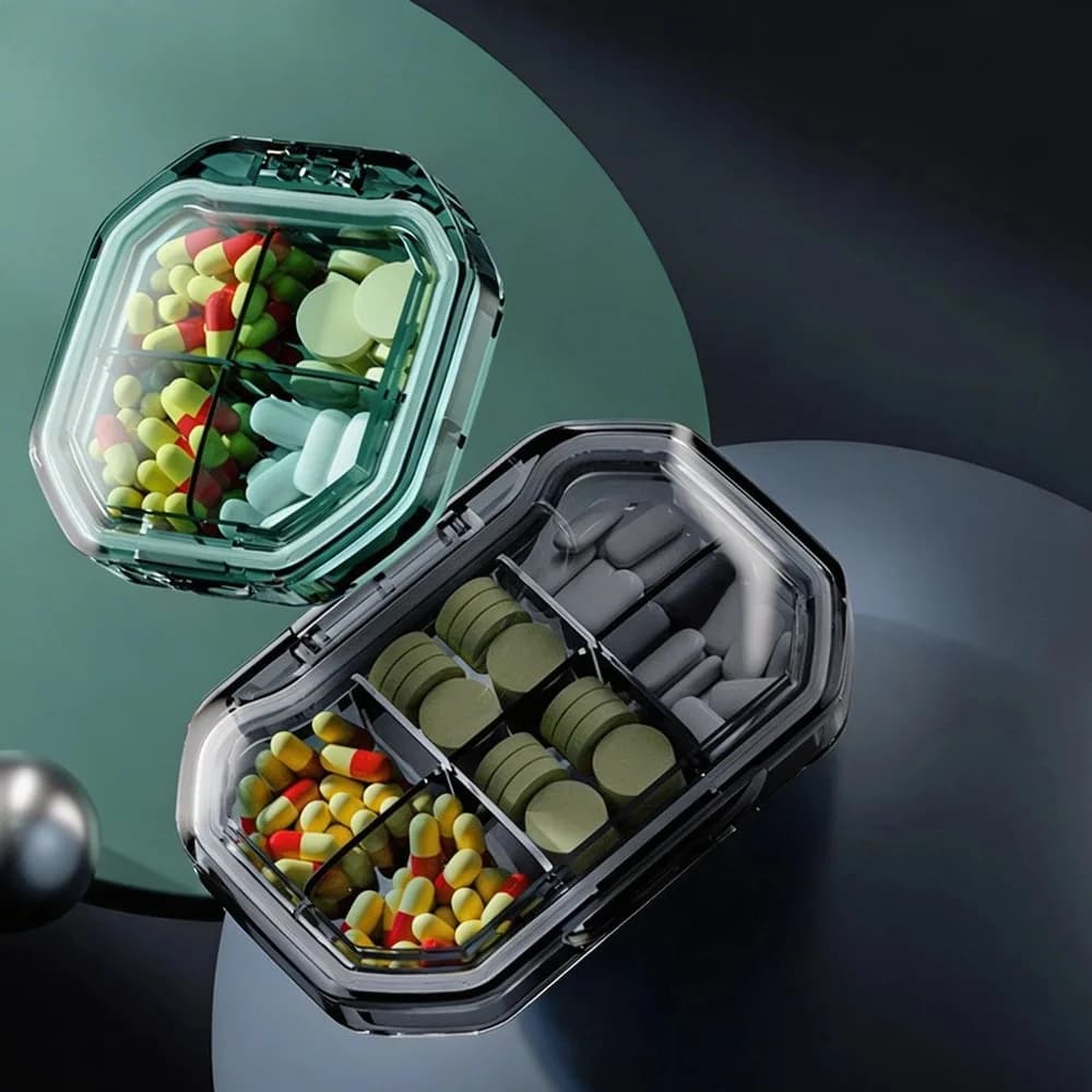 New Premium Portable Container for Pills with 4/6 Parts, Organizing Box for Vitamins, Supplements, Fish Oils and Medicines