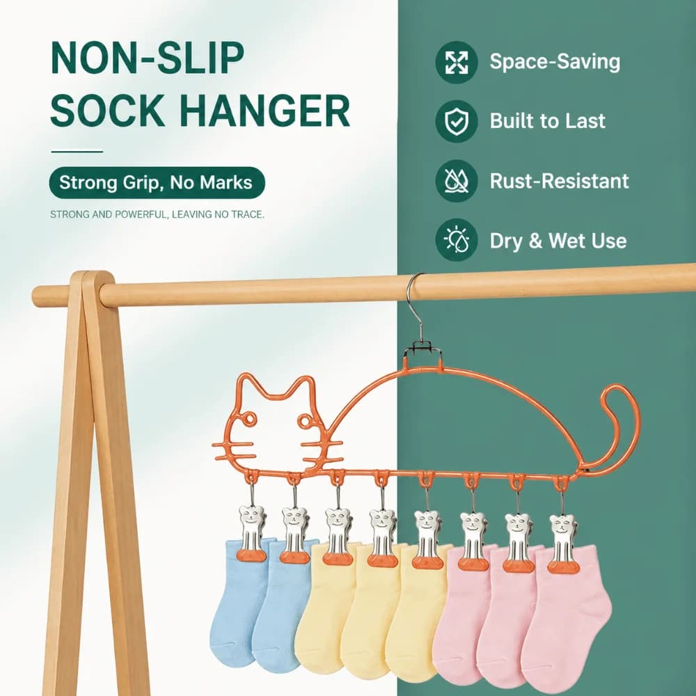 Cat Shape Clothes Drying Rack 8 Clips Capacity​​ Metal Sock Rack​​ Windproof Waterproof Clothes Hanger ​​Small Space Storage​​