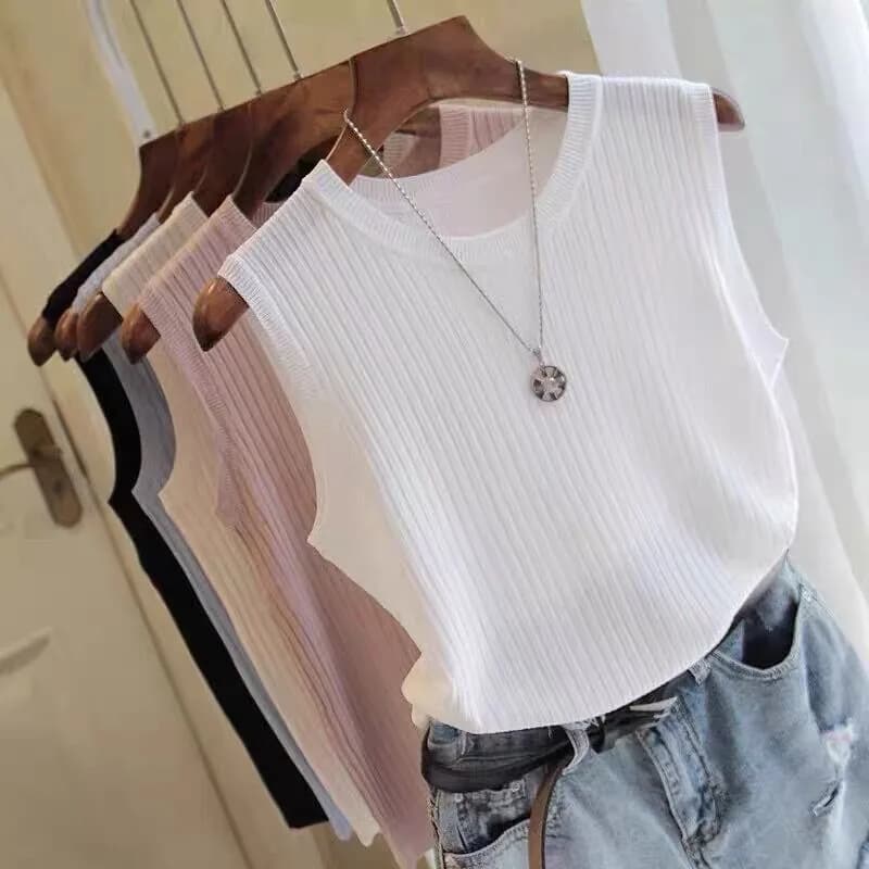 2025 Corea Gilet lavorato a maglia Donna Top Estate Camicetta senza maniche O-Collo Camicetta lavorata a maglia Camicia Donna Abbigliamento Donna Top