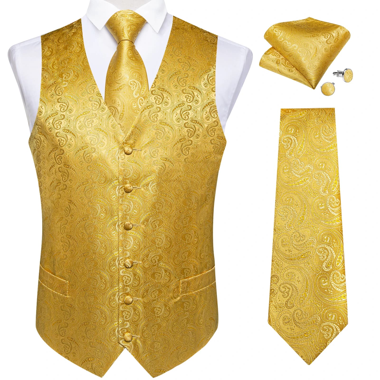 Gilet di Lusso Paisley Oro per Uomo, Gilet Formale Giallo Tinta Unita da Uomo con Cravatta e Fazzoletto da Taschino, per Matrimoni e Business, Chaleco Hombre