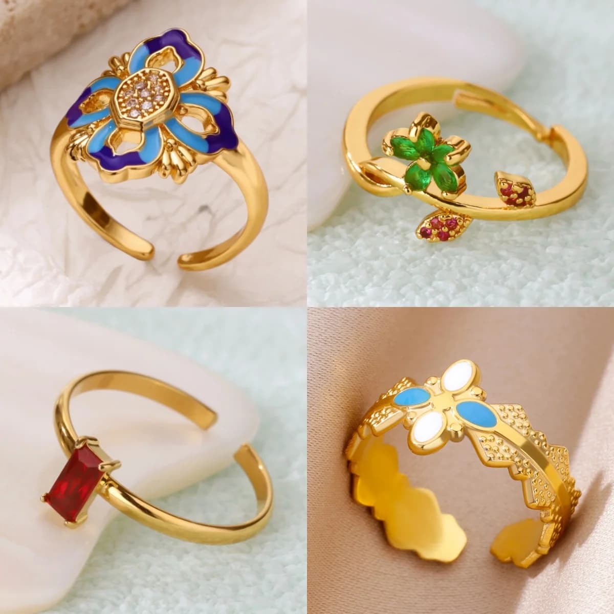 Rings Delicate with Flowers in Zirconia for Women, Gold Plated, Stainless Steel, Foil Shape Jewelry for Party, Gift Idea